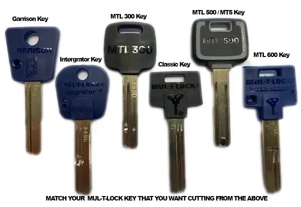 Image showing Mul t lock keys MTL 300, MTL 500, MTL 600, MT5, classic key, integrator and Garrison keys